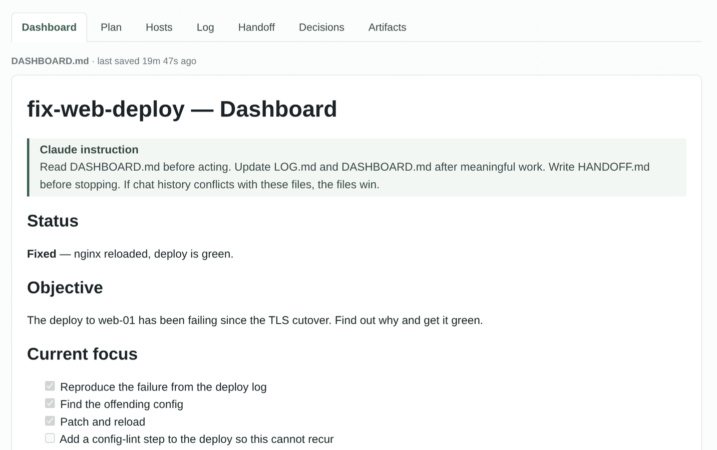 The same mission's files in the workspace: tabs for Dashboard, Plan, Hosts, Log, Handoff, Decisions and Artifacts, with DASHBOARD.md showing the mission status, objective, and a checklist of what is done and what is left.